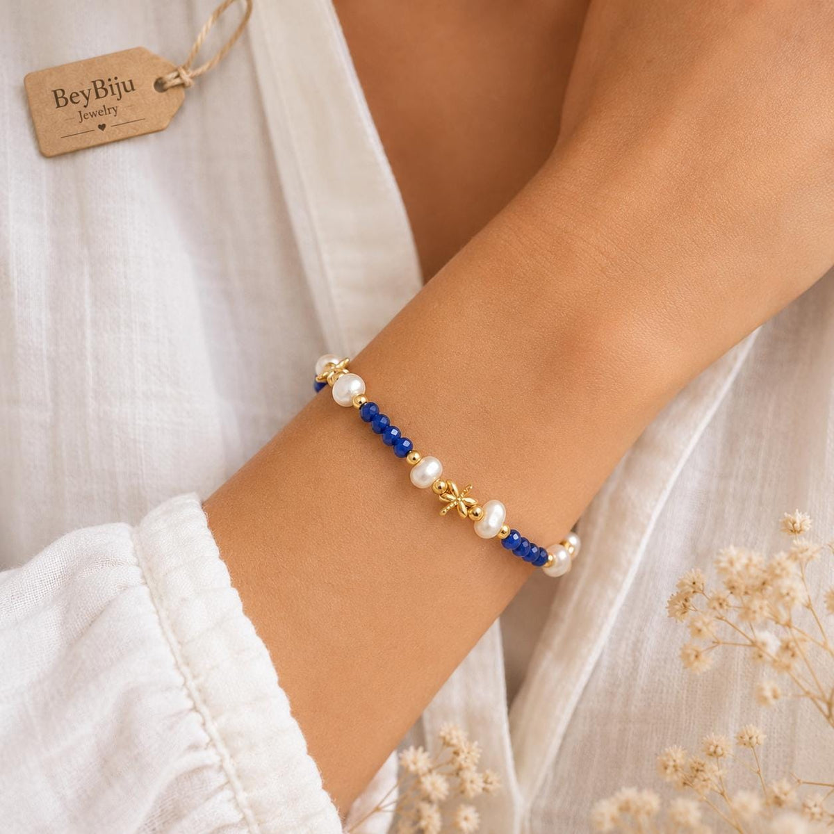 Gold Plated Dragonfly Bracelet, Blue Crystal, Pearl Cuff, Turkish Jewelry