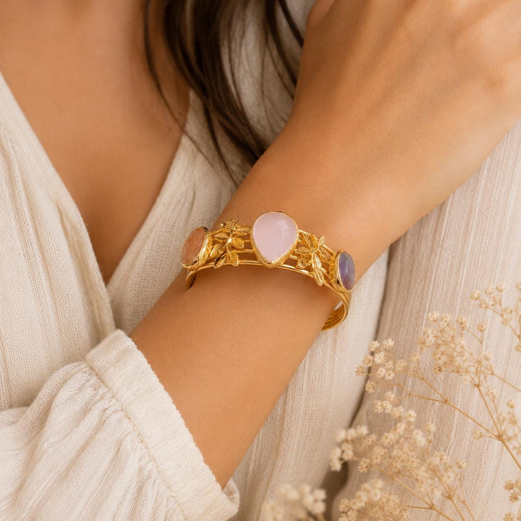 Exquisite Turkish Gold Plated Quartz Bangle with Teardrop & Leaves Design