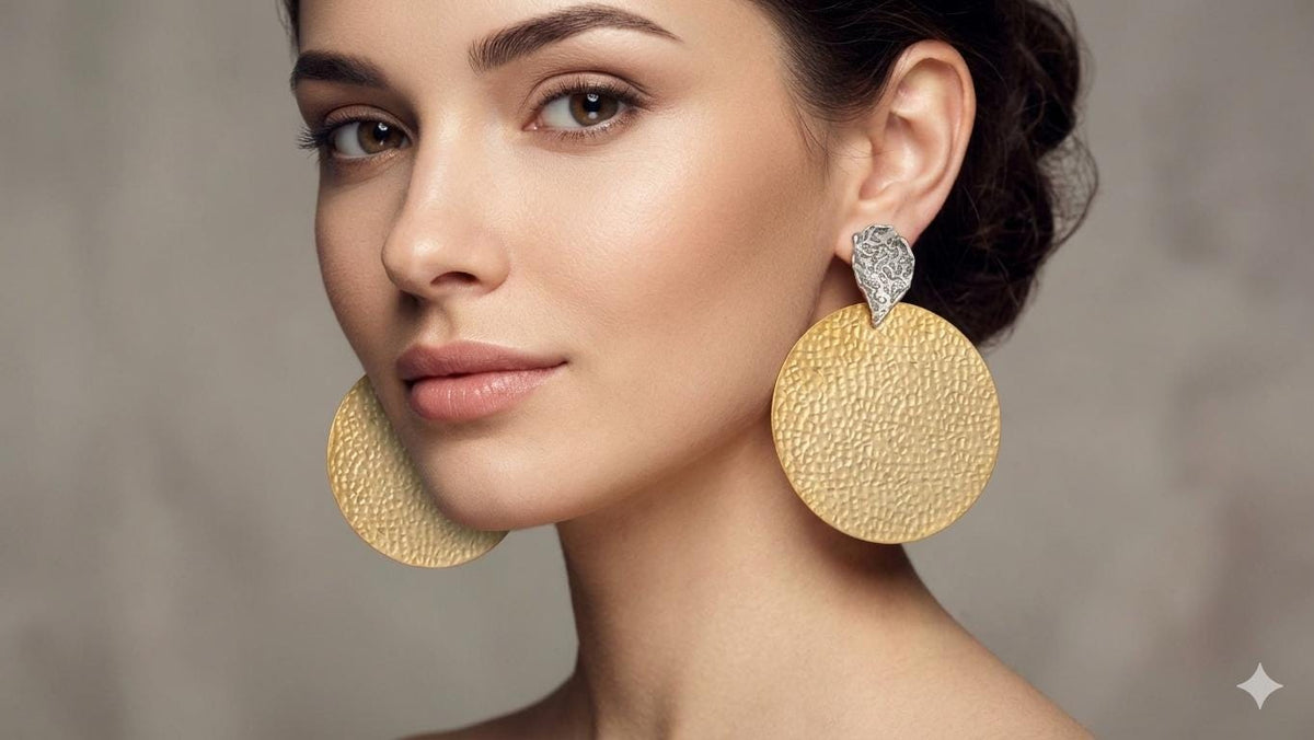 Hammered Gold Silver Mixed Metal Statement Earrings, Hypoallergenic Turkish Dangle Styles
