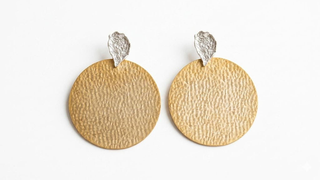 Hammered Gold Silver Mixed Metal Statement Earrings, Hypoallergenic Turkish Dangle Styles