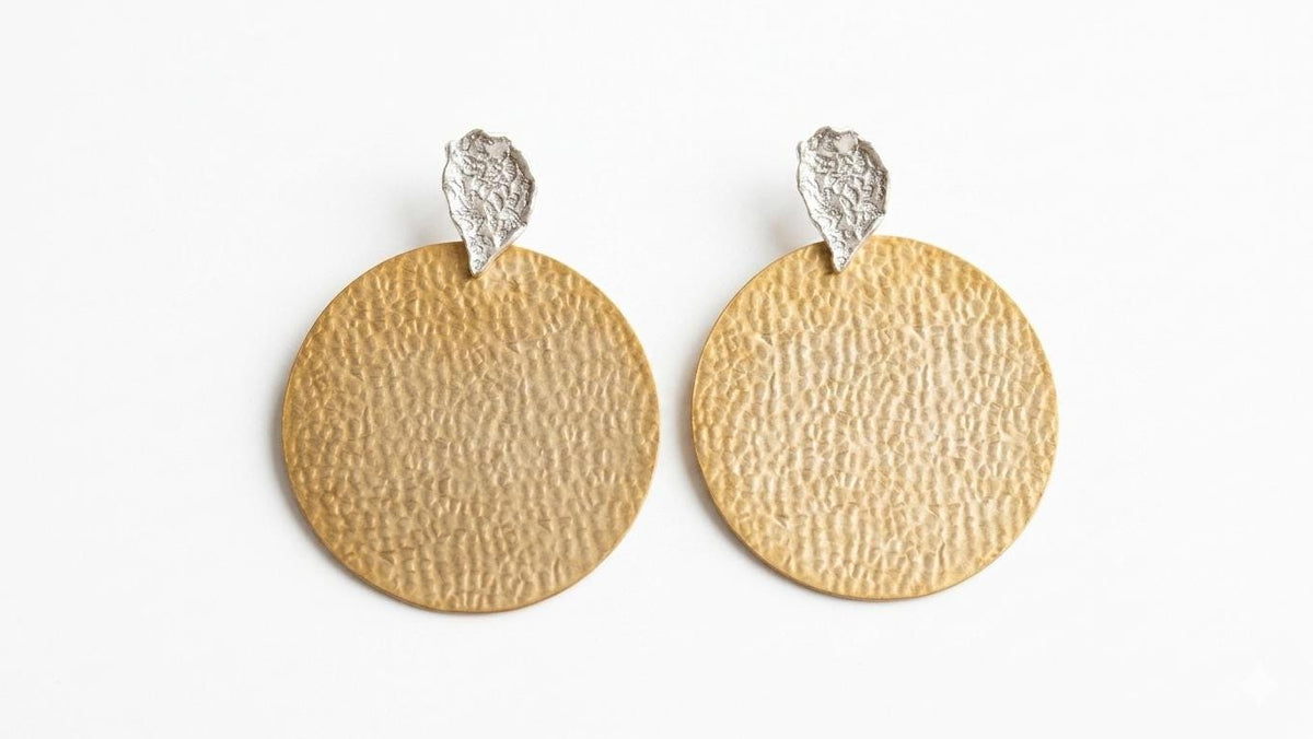 Hammered Gold Silver Mixed Metal Statement Earrings, Hypoallergenic Turkish Dangle Styles