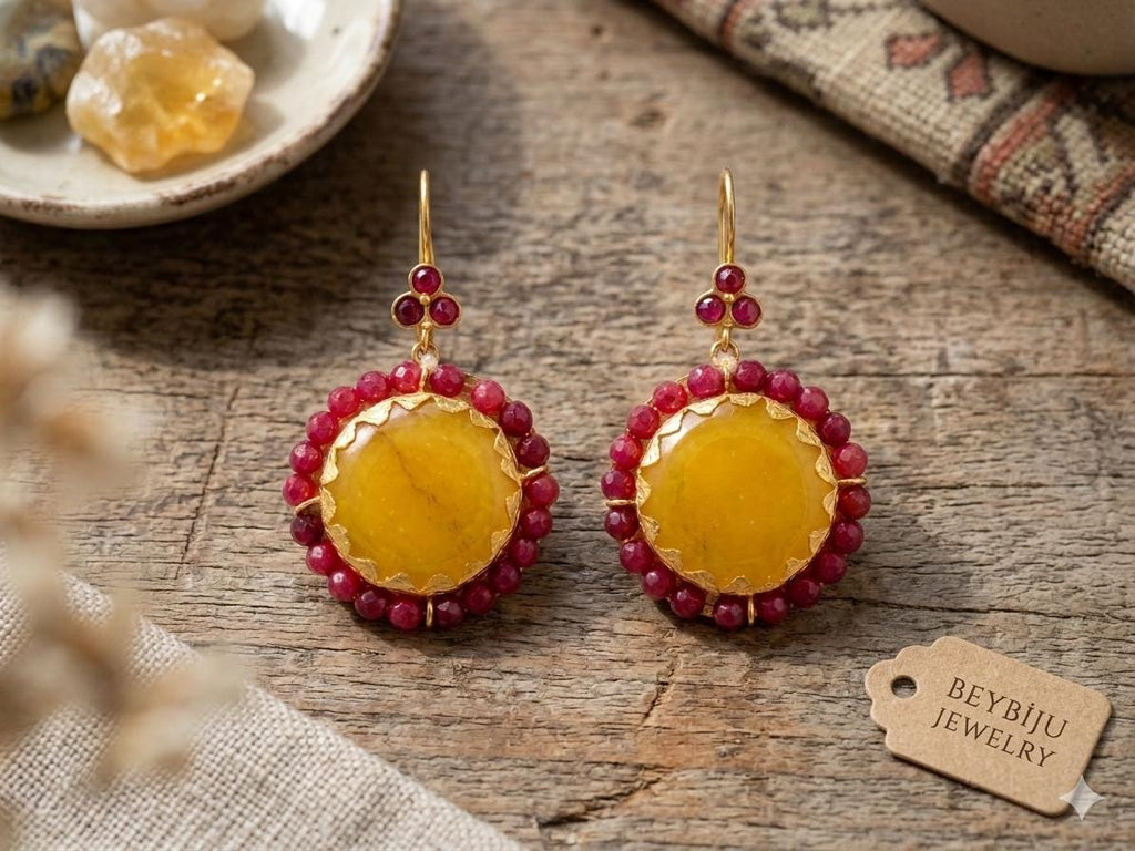 Handmade Jade Hook Dangle Earrings, Bronze Gold Plated, Ottoman Style