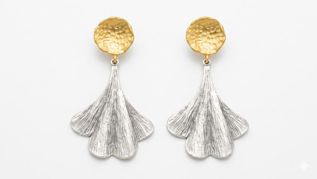 Gold Plated Brass Ginkgo Leaf Earrings, Mixed Metal Dangle Earrings