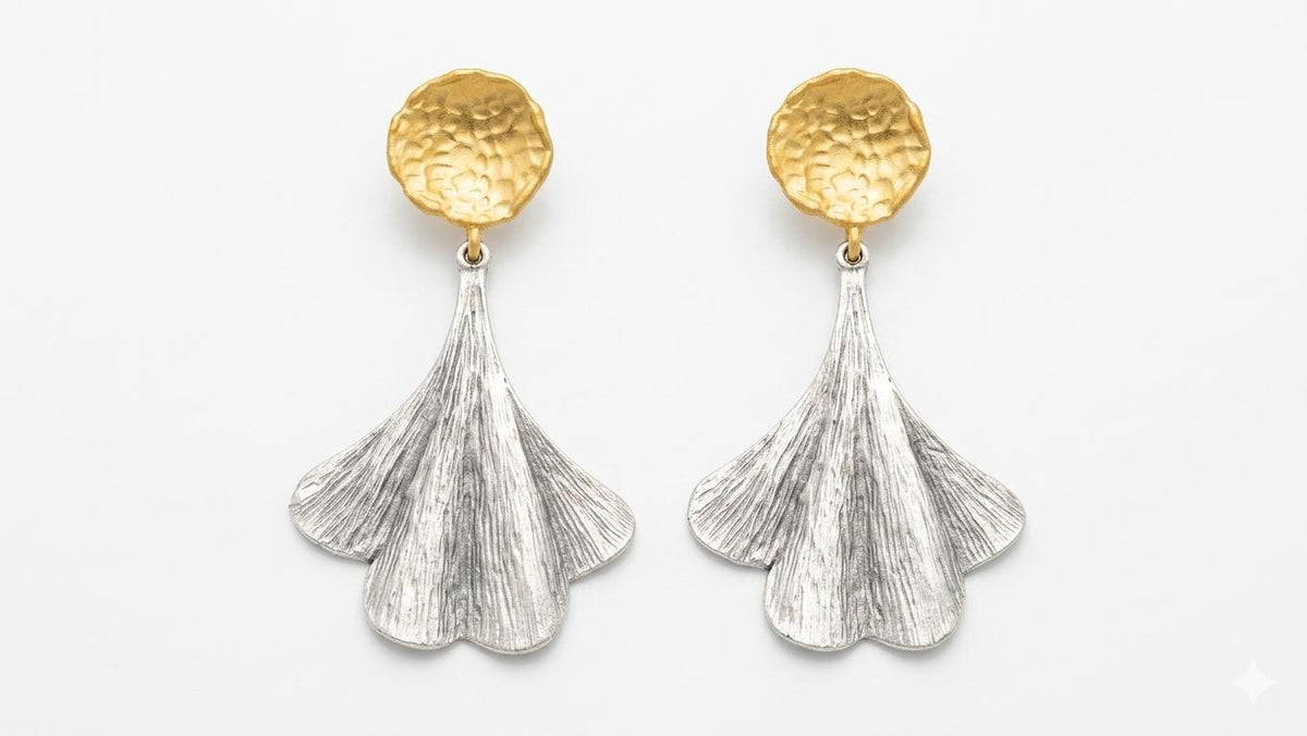 Gold Plated Brass Ginkgo Leaf Earrings, Mixed Metal Dangle Earrings