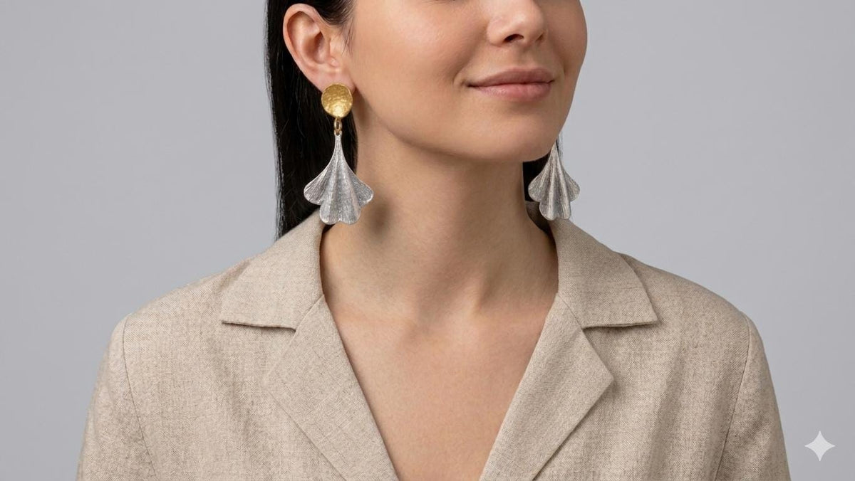 Gold Plated Brass Ginkgo Leaf Earrings, Mixed Metal Dangle Earrings