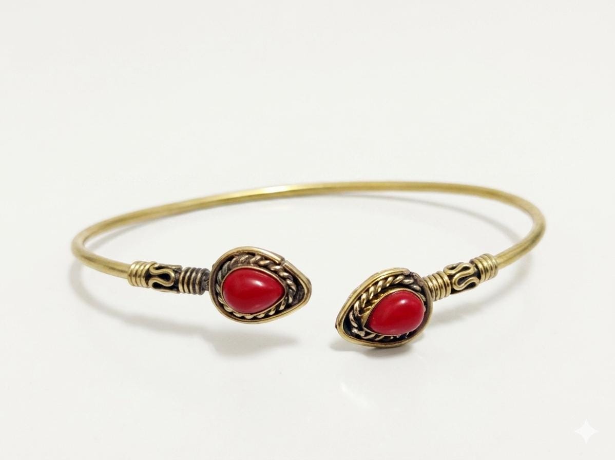 Handmade Brass Cuff Bracelet, Red Teardrop Stone, Banjala Style