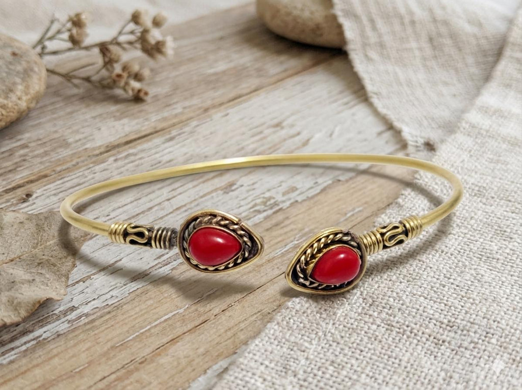 Handmade Brass Cuff Bracelet, Red Teardrop Stone, Banjala Style