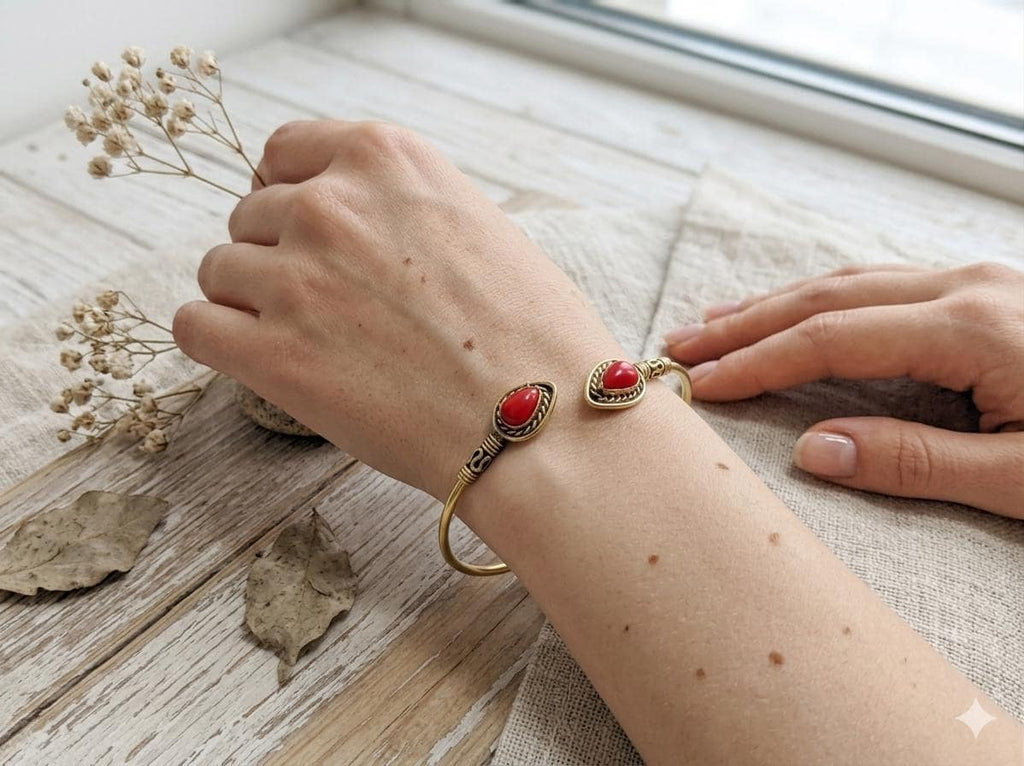 Handmade Brass Cuff Bracelet, Red Teardrop Stone, Banjala Style