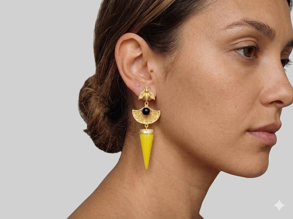 Gold Plated Bee Dangle Earrings, Black Agate & Yellow Stone