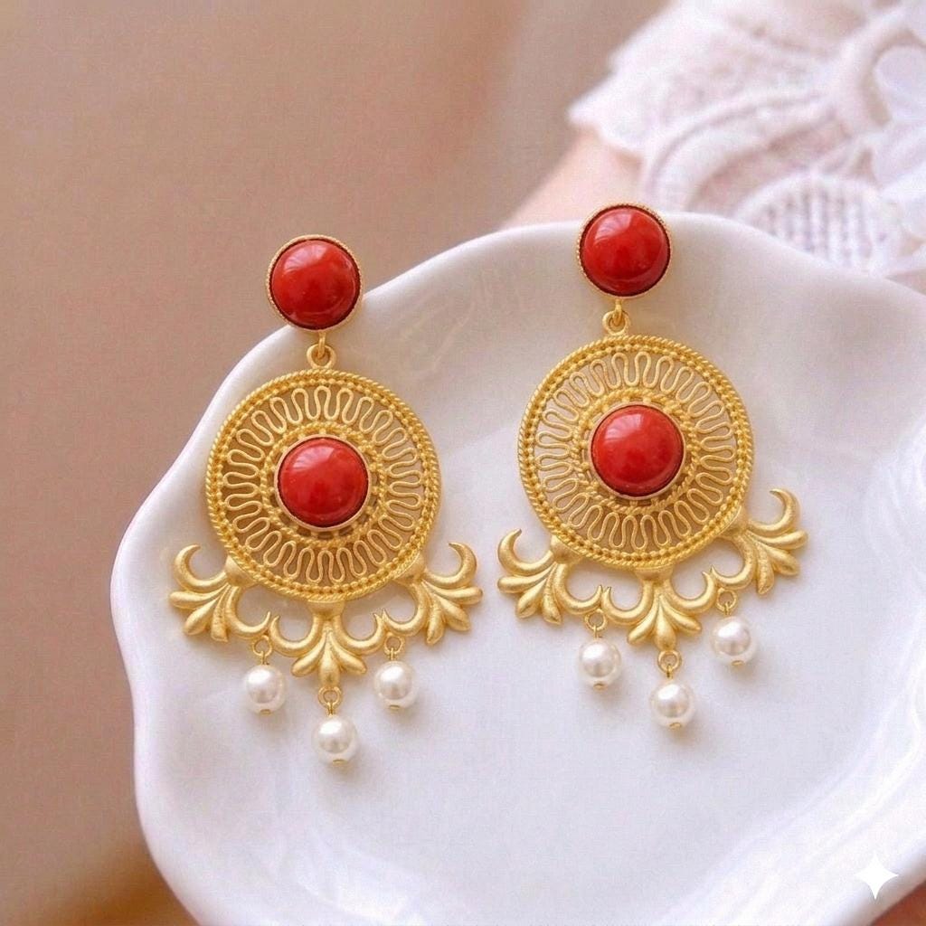 Red Coral Lotus Chandelier Earrings with Tiny Pearls, Geometric Dangle Studs