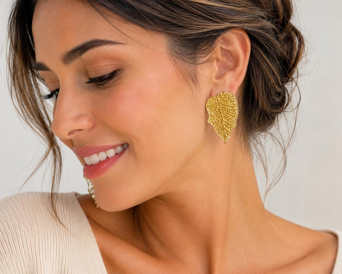 Elegant Gold Plated Brass Leaf Earrings - Hypoallergenic Dainty Stud Posts - Gift Packaging Included