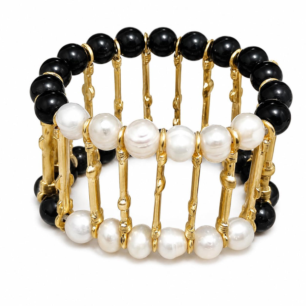 Turkish Gold Plated Bracelet with Black Agate and Pearls – Adjustable Cuff Style