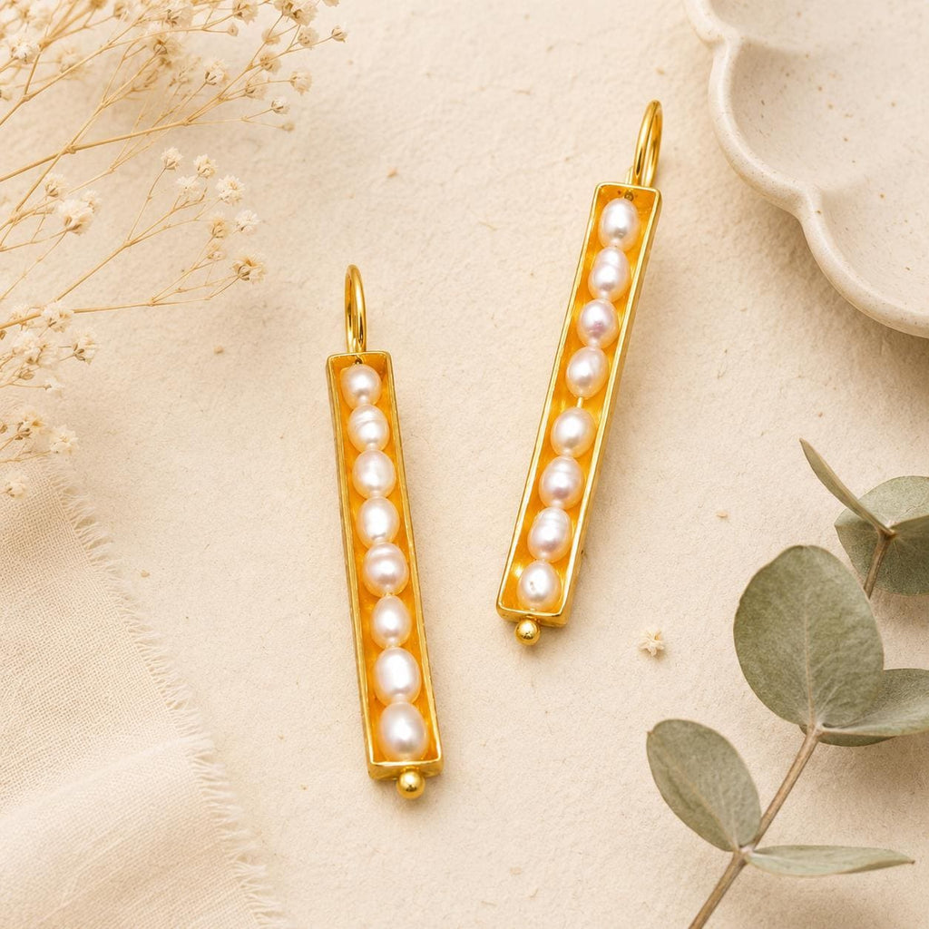 Seeds Pod Pearl Hook Earrings, Gold Plated Bronze, Boho Chic Style
