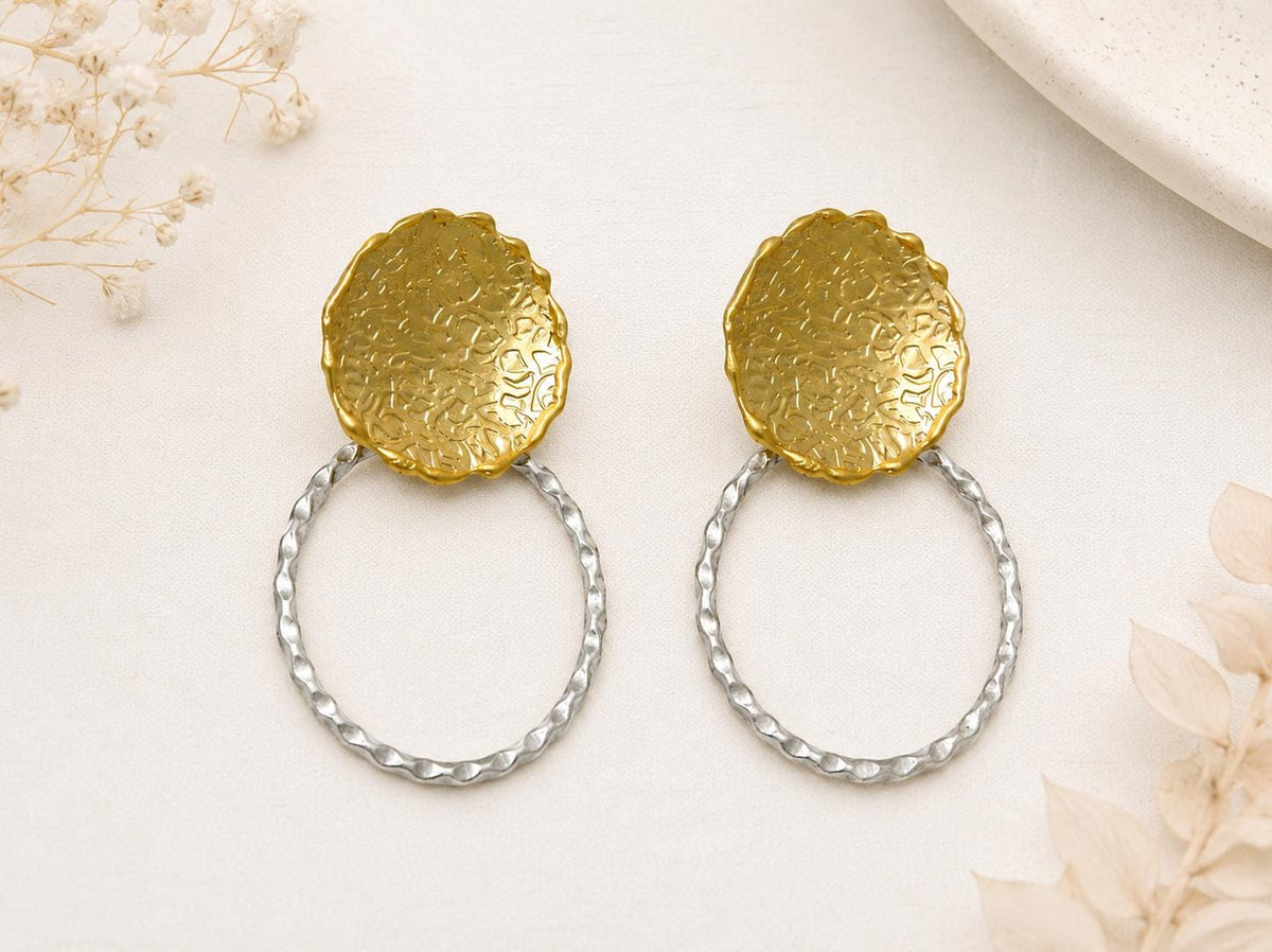 Two Tone Turkish Earrings, Matte Gold Plated Silver Dangle Earrings