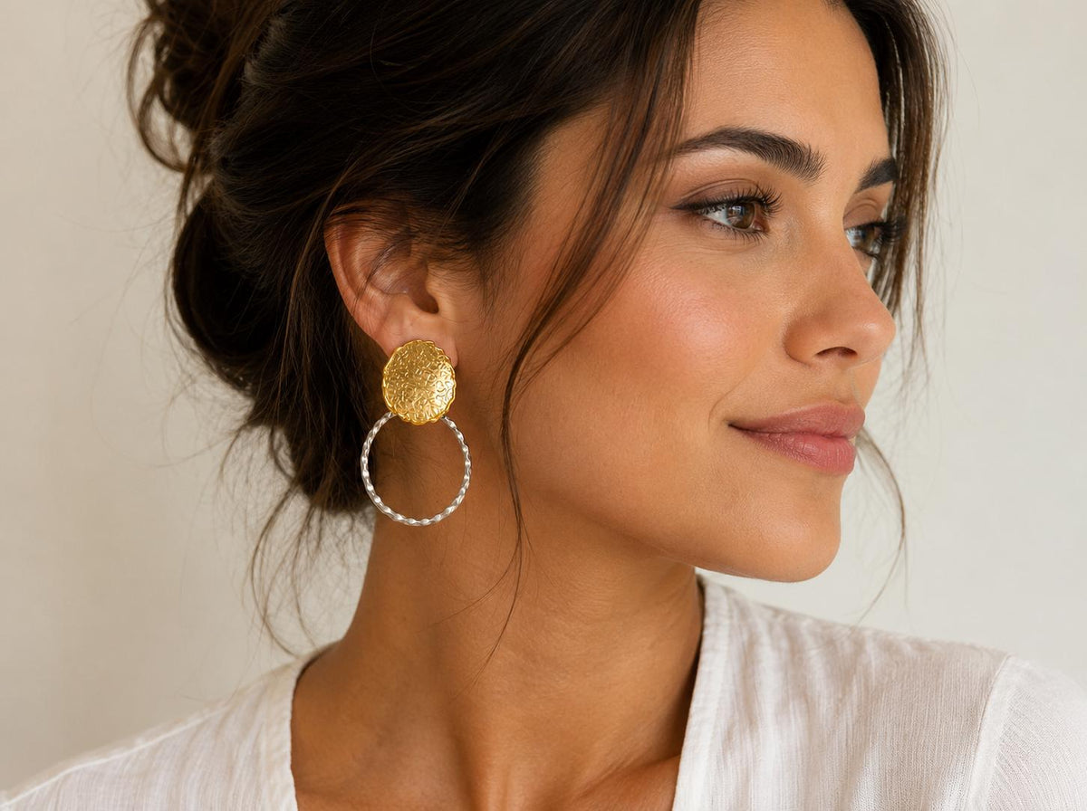 Two Tone Turkish Earrings, Matte Gold Plated Silver Dangle Earrings