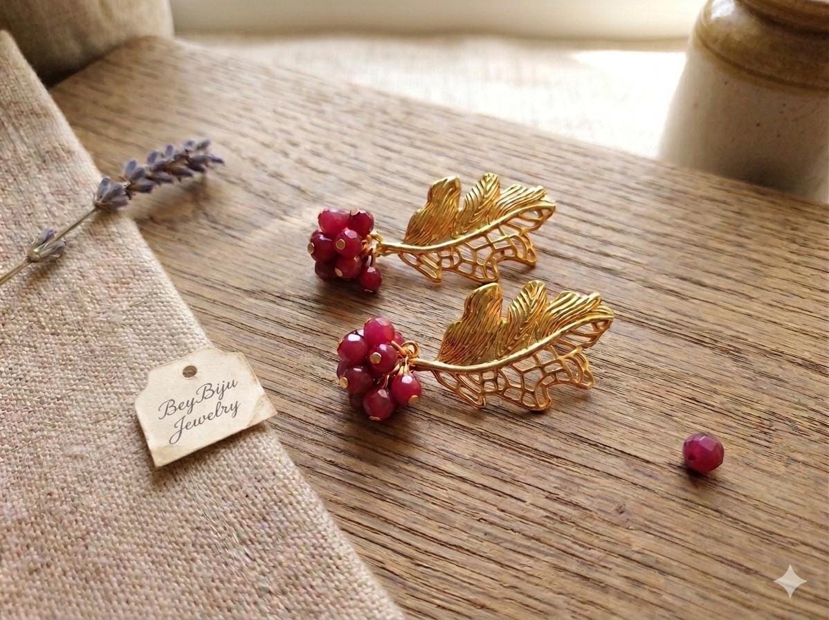 Gold Plated Leaf Earrings with Bougainvillea Jade, Victorian Style, Hypoallergenic