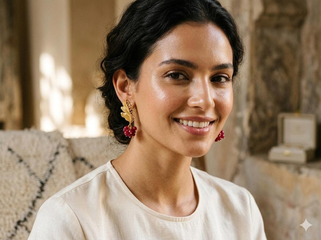 Gold Plated Leaf Earrings with Bougainvillea Jade, Victorian Style, Hypoallergenic