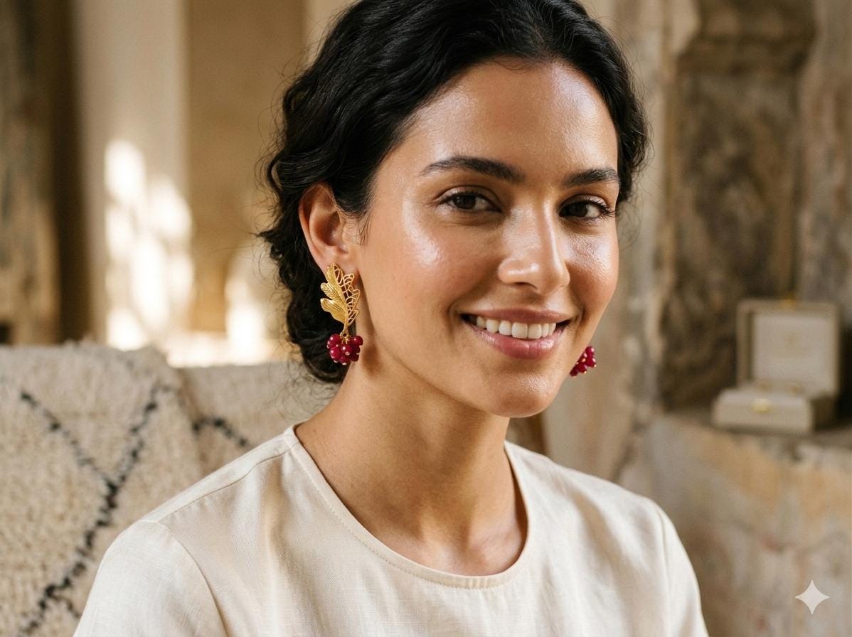 Gold Plated Leaf Earrings with Bougainvillea Jade, Victorian Style, Hypoallergenic