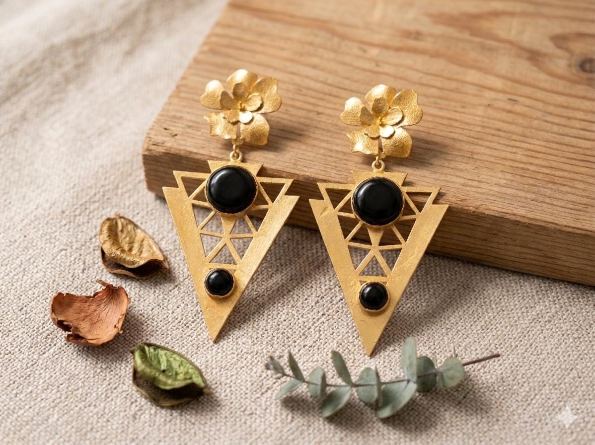 Gold-Plated Brass Earrings with Black Agate Flowers, Triangle Design – Hypoallergenic Flamenco Style