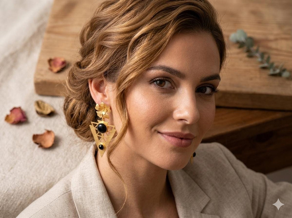 Gold-Plated Brass Earrings with Black Agate Flowers, Triangle Design – Hypoallergenic Flamenco Style
