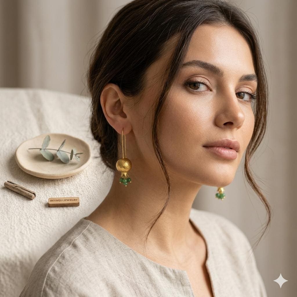 Pomegranate Earrings: Green Agate, Gold Plated Bronze, Boho Turkish Tribal Earrings