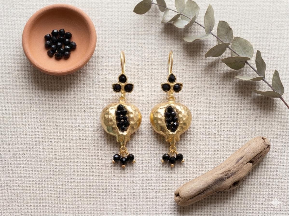 Onyx Pomegranate Earrings. Gold Plated Turkish Chandelier. Elegant Boho Style Ottoman Statement Jewelry.