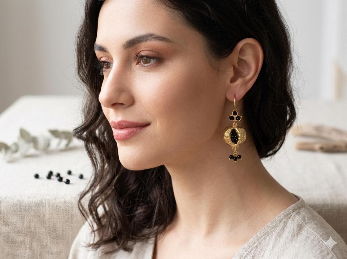 Onyx Pomegranate Earrings. Gold Plated Turkish Chandelier. Elegant Boho Style Ottoman Statement Jewelry.