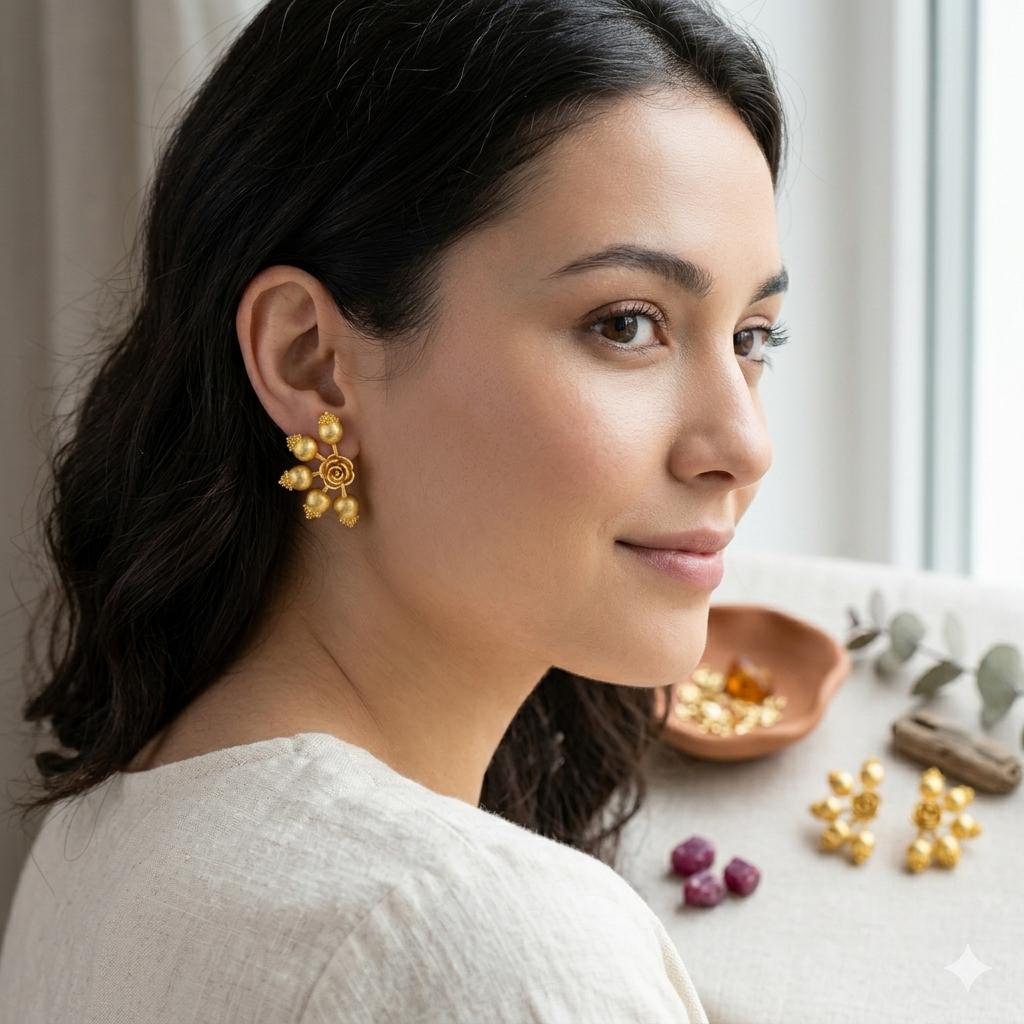 Elegant Gold Plated Floral Stud Earrings - Hypoallergenic Statement Jewelry with Smart Gift Packaging