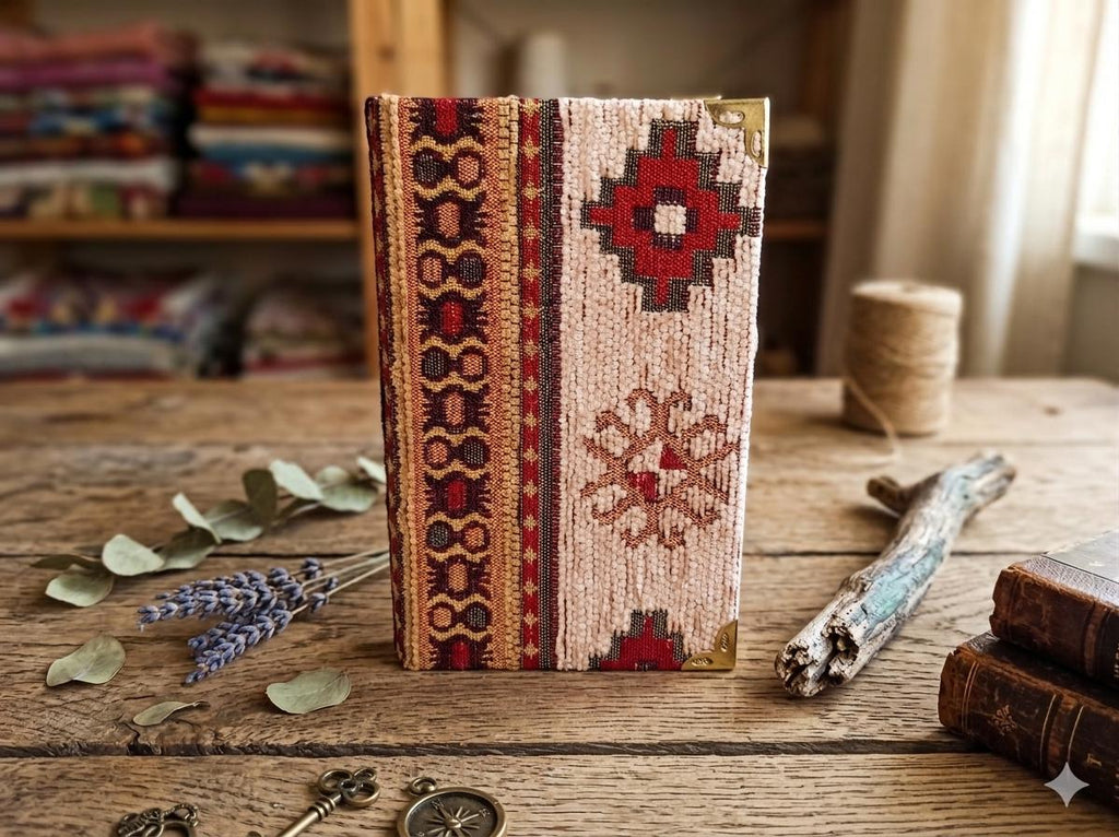 Handmade Turkish Rug Fabric Journal, Woven Kilim Pattern, Lined Notepad