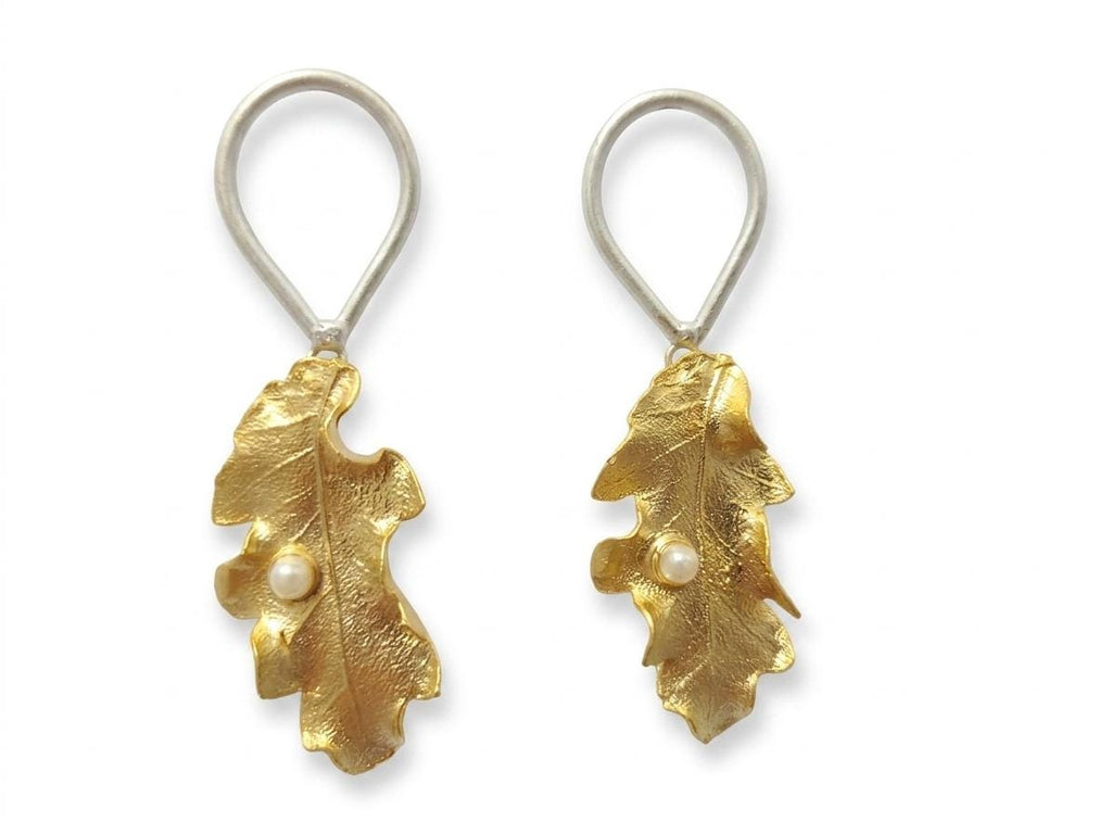 Handmade Turkish Leaf Pearl Earrings, Matte Gold Silver-Plated Brass Dangle Studs