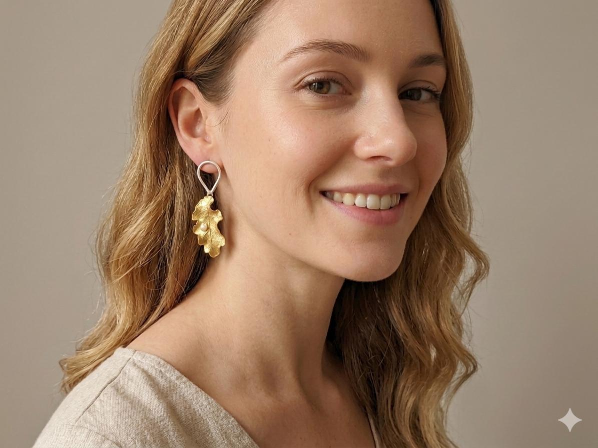 Handmade Turkish Leaf Pearl Earrings, Matte Gold Silver-Plated Brass Dangle Studs