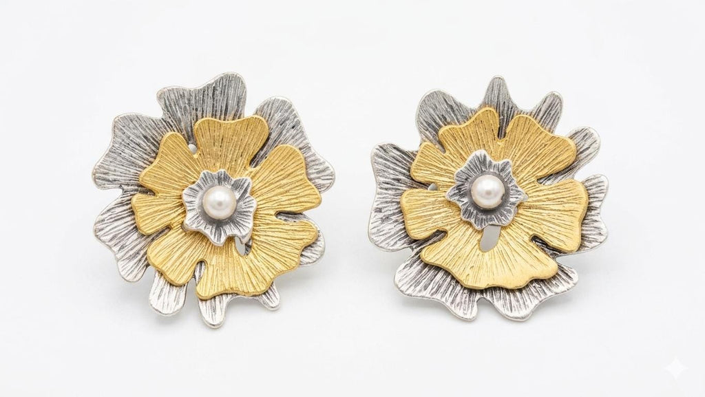 Mixed Metal Flower Stud Earrings, Turkish Inspired Brass, Gold Silver Plated, Hypoallergenic Jewelry