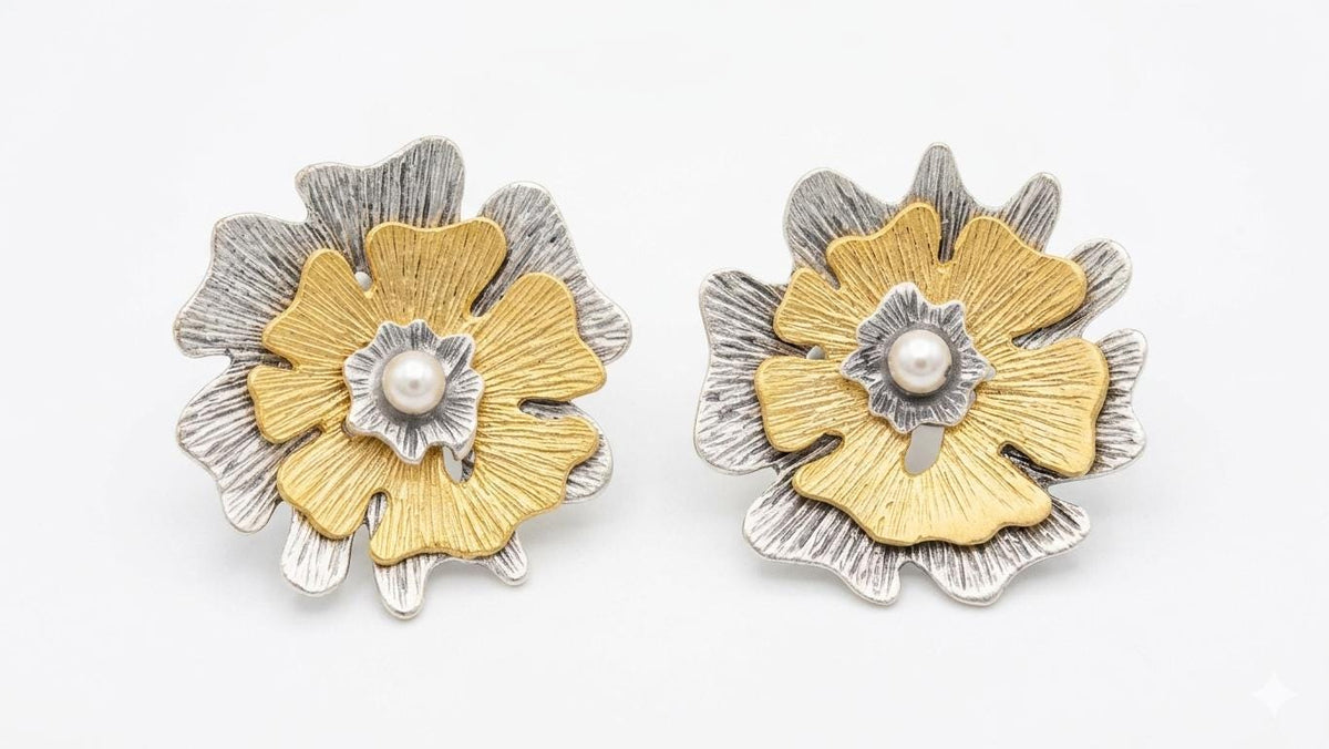 Mixed Metal Flower Stud Earrings, Turkish Inspired Brass, Gold Silver Plated, Hypoallergenic Jewelry