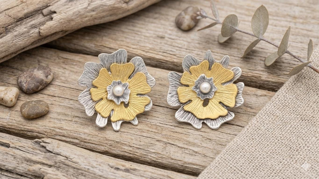 Mixed Metal Flower Stud Earrings, Turkish Inspired Brass, Gold Silver Plated, Hypoallergenic Jewelry