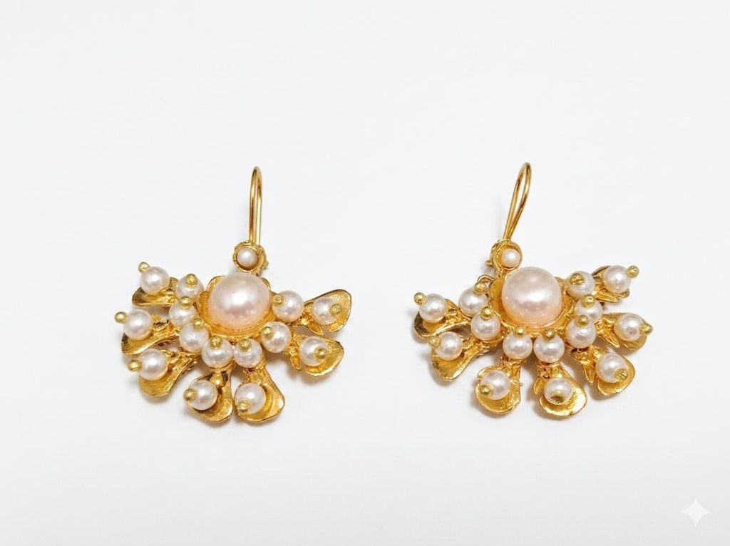 Elegant Ottoman-Inspired Gold Plated Chandelier Earrings with Pearls, Lightweight Bridal Jewelry for Special Occasions