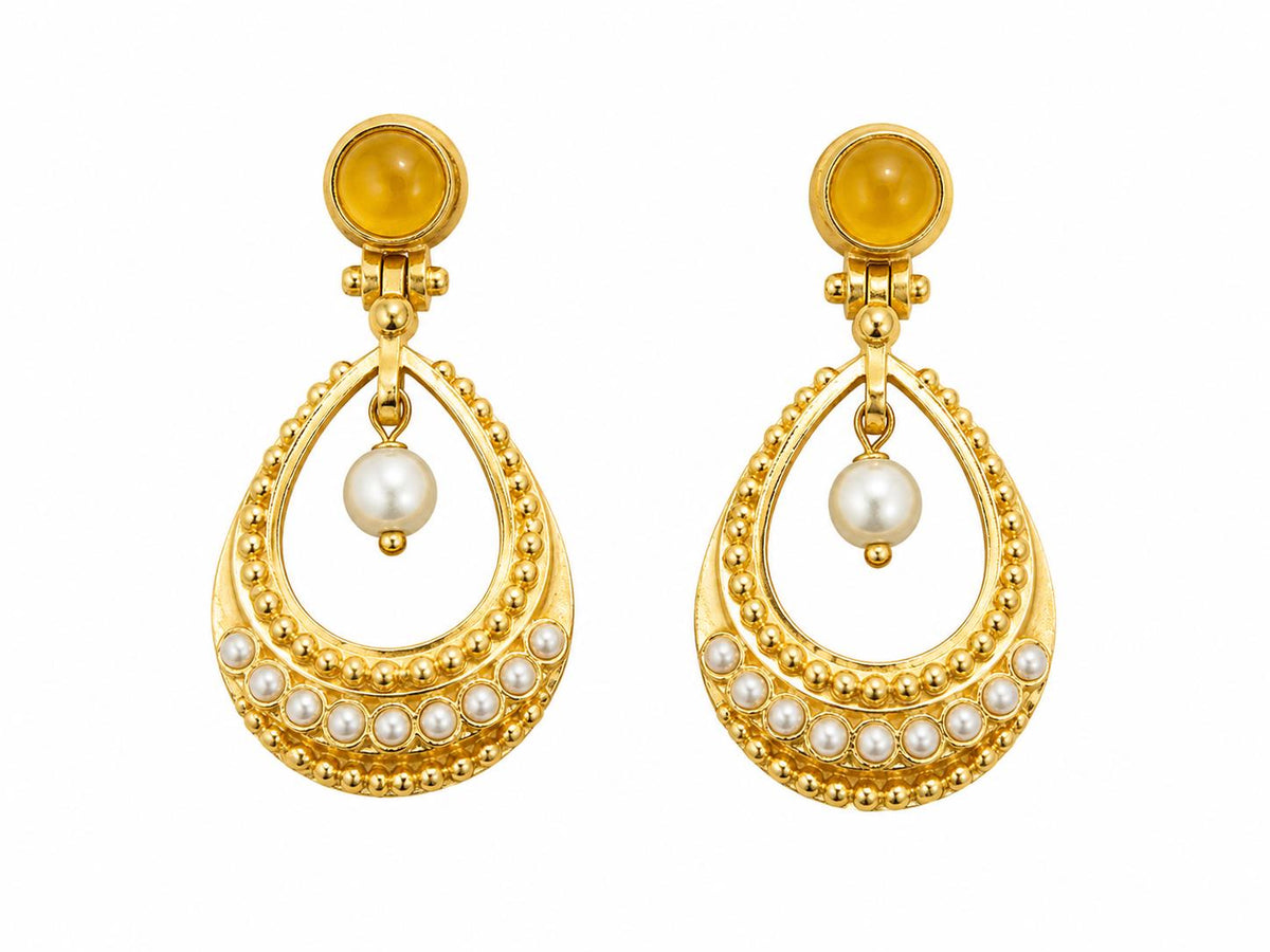 Gold-Plated Turkish Hoop Earrings with Yellow Agate and Pearls