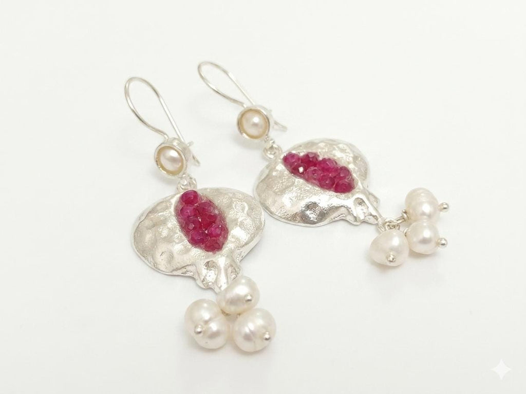 Gold Pomegranate Earrings, Ruby Accent Dangle, Ottoman Boho Chic Pearl Jewelry