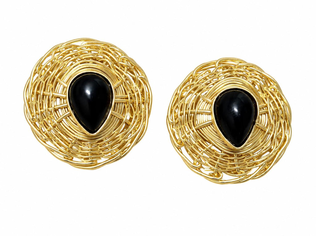 Gold Plated Woven Brass Stud Earrings, Black Agate Stone