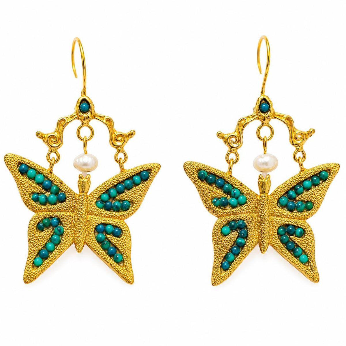 Handmade Gold Plated Bronze Butterfly Earrings, Malaquite Dangle Earrings
