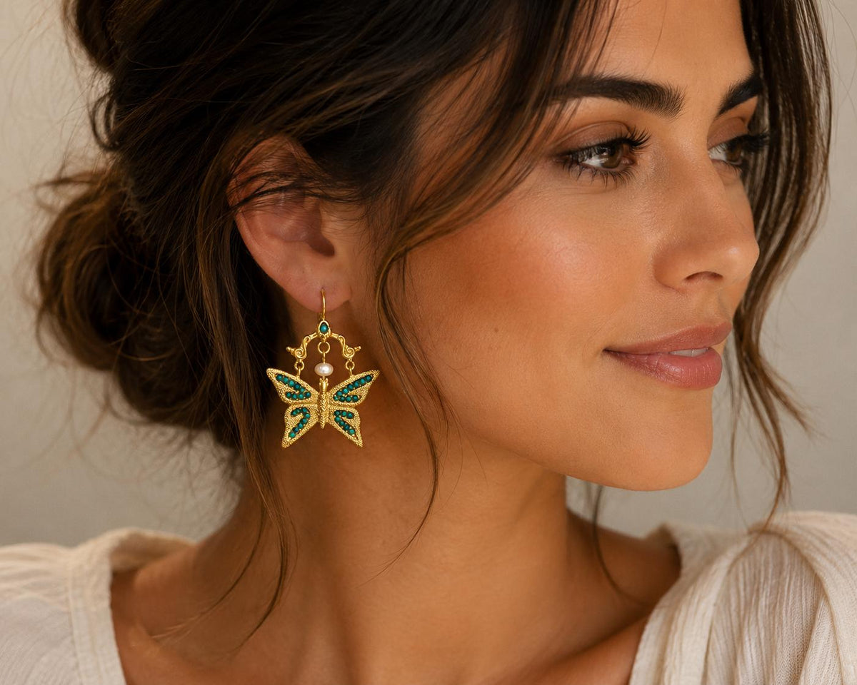 Handmade Gold Plated Bronze Butterfly Earrings, Malaquite Dangle Earrings