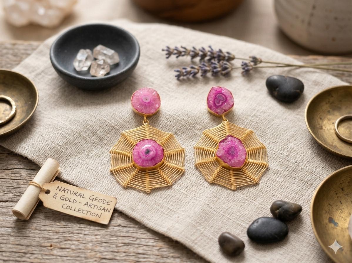 Gold Plated Pink Solar Quartz Dangle Earrings, Hypoallergenic Statement Gemstone Jewelry, Gift Bag Included