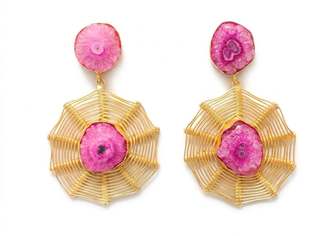 Gold Plated Pink Solar Quartz Dangle Earrings, Hypoallergenic Statement Gemstone Jewelry, Gift Bag Included