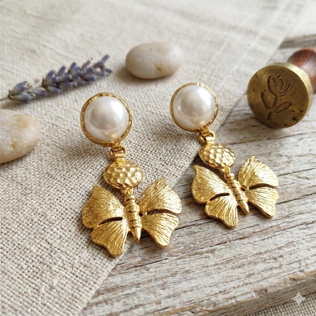 Gold Plated Butterfly Pearl Dangle Earrings – Hypoallergenic Turkish Studs