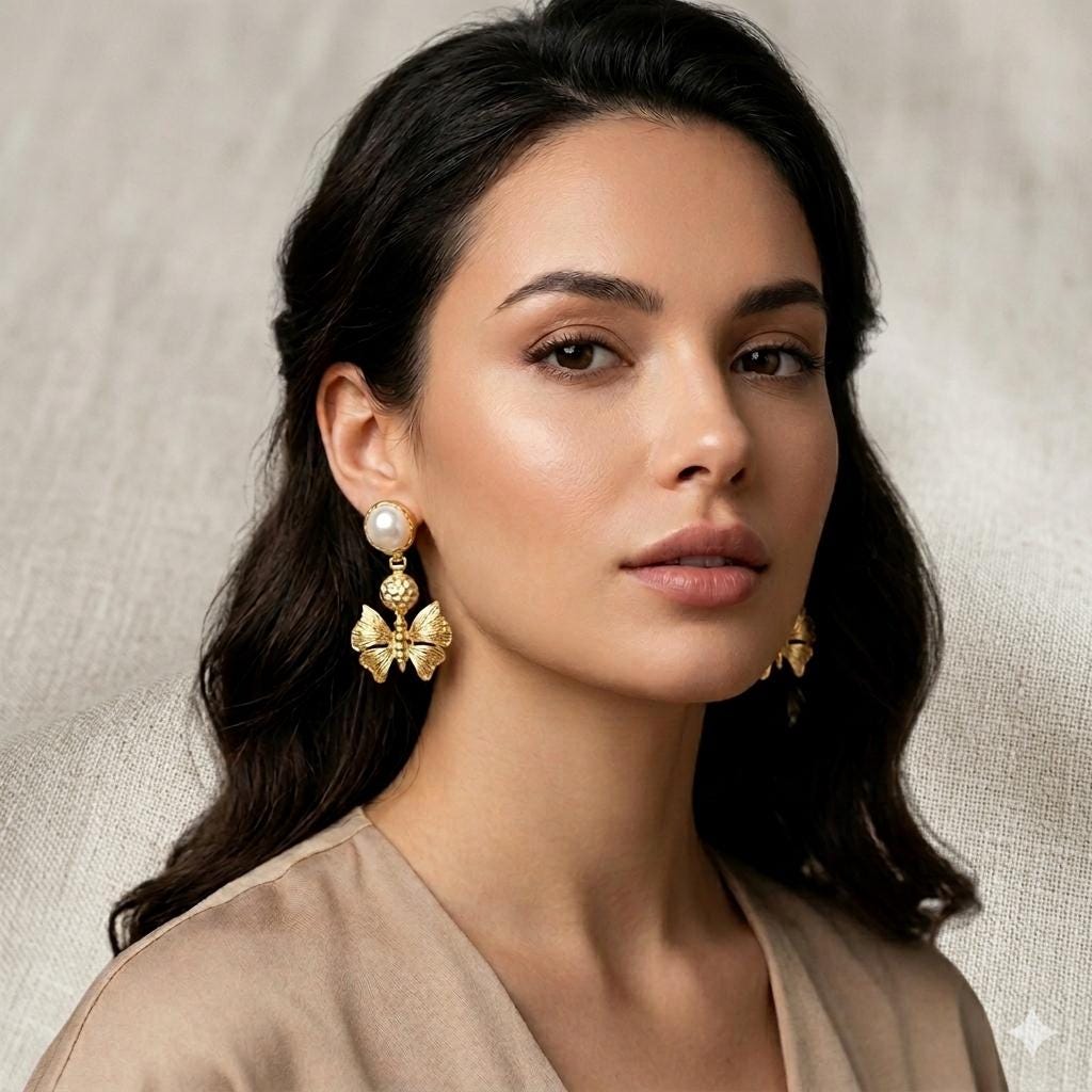 Gold Plated Butterfly Pearl Dangle Earrings – Hypoallergenic Turkish Studs