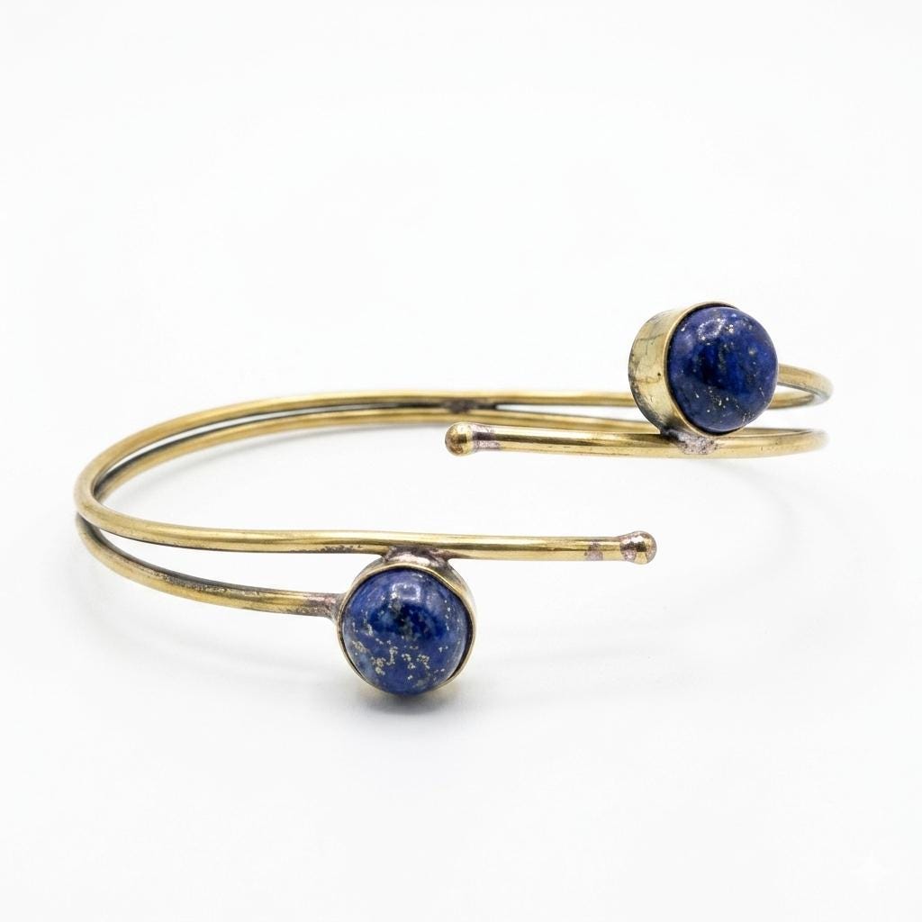 Handcrafted Tribal Brass Cuff Bracelet with Double Lapis Stone – Adjustable Boho Indian Style