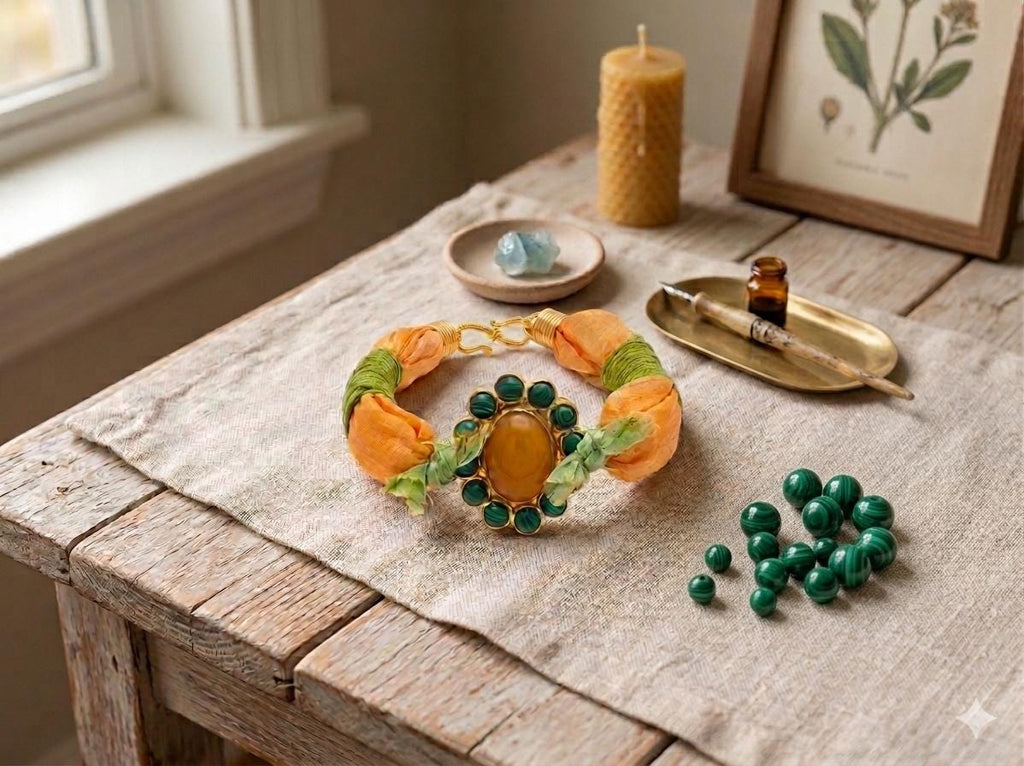Handmade Turkish Silk Bracelet: Malachite Agate, Gold Plated Brass, Orange Green Design