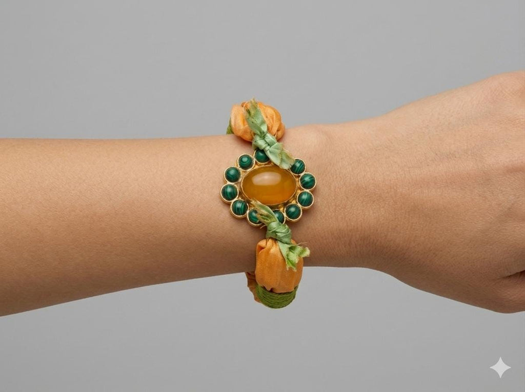 Handmade Turkish Silk Bracelet: Malachite Agate, Gold Plated Brass, Orange Green Design
