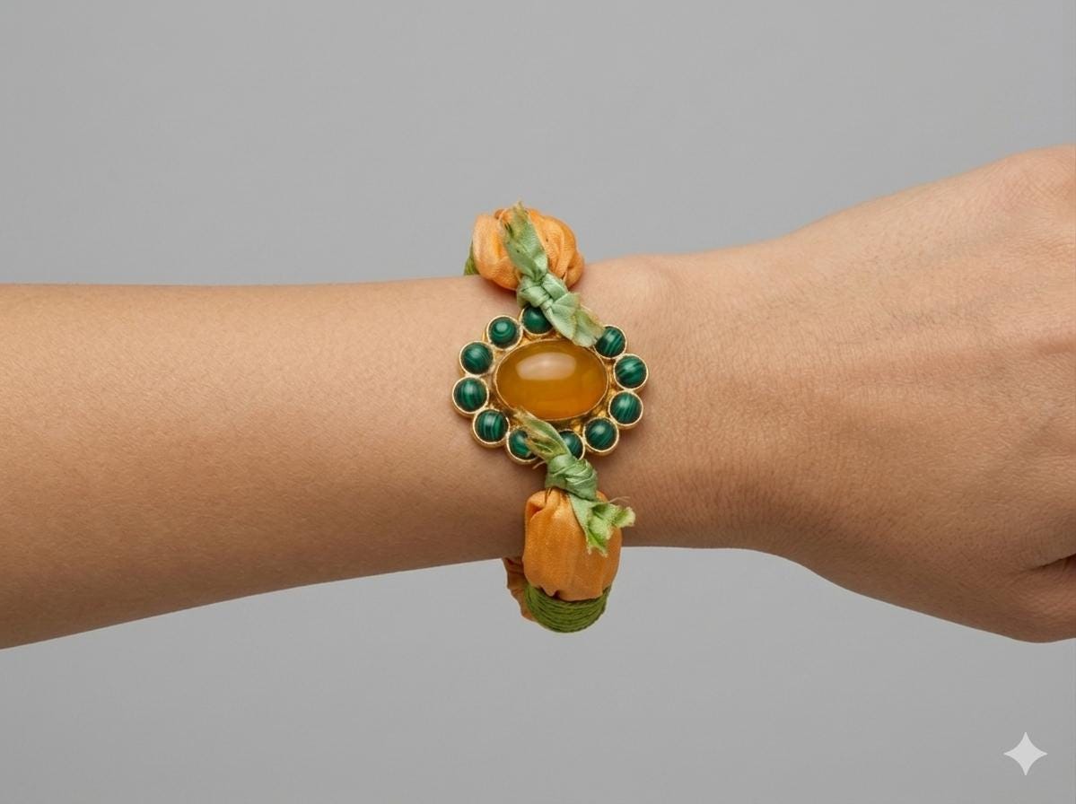 Handmade Turkish Silk Bracelet: Malachite Agate, Gold Plated Brass, Orange Green Design