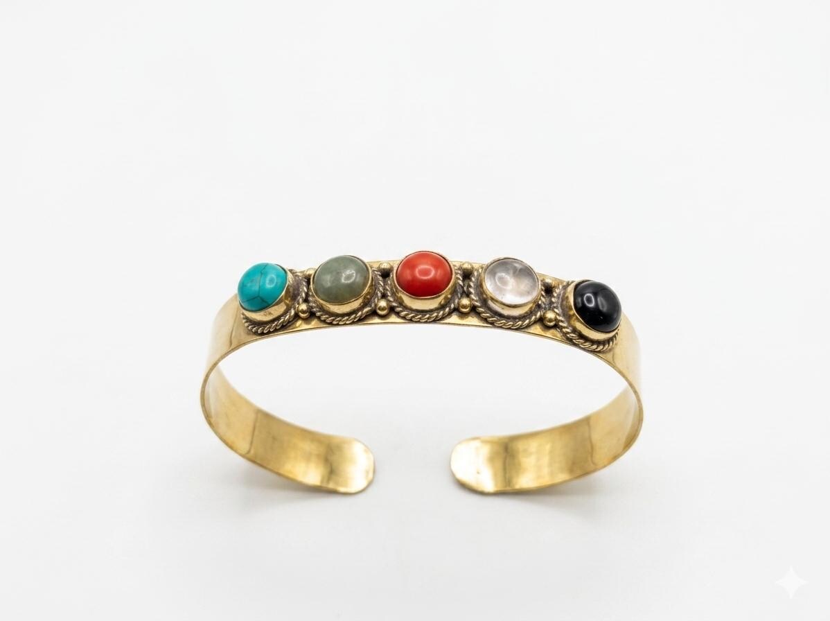 Handmade Brass Cuff Bracelet with Gemstones - Adjustable Boho Style Tribal Bracelet