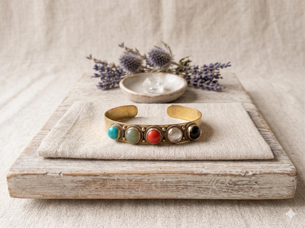 Handmade Brass Cuff Bracelet with Gemstones - Adjustable Boho Style Tribal Bracelet